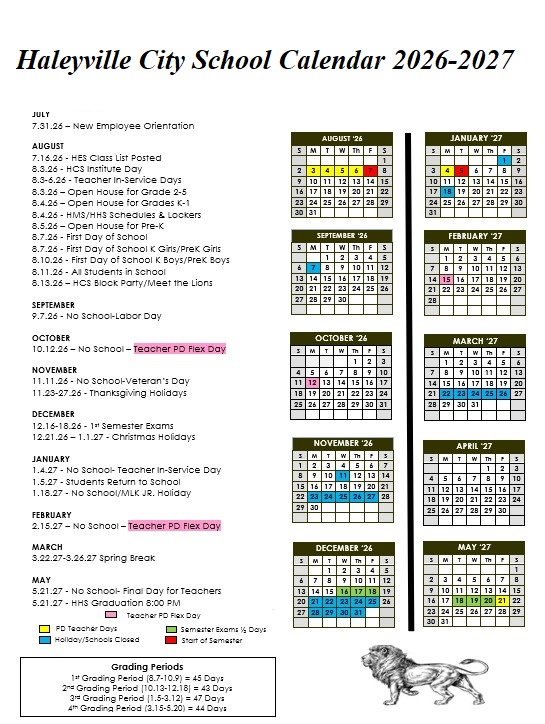 Haleyville City School Holiday Calendar 2026-2027