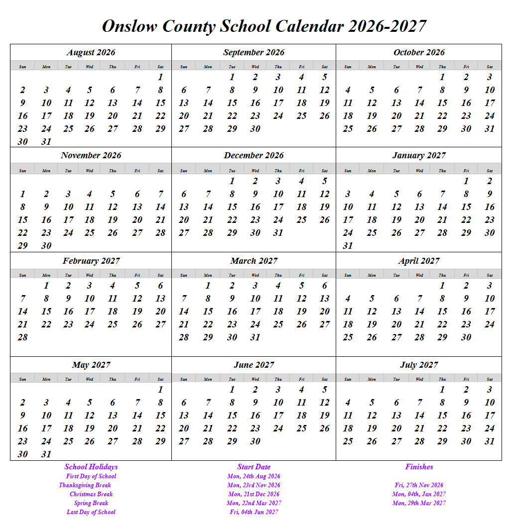 Onslow County School Calendar 2026-2027