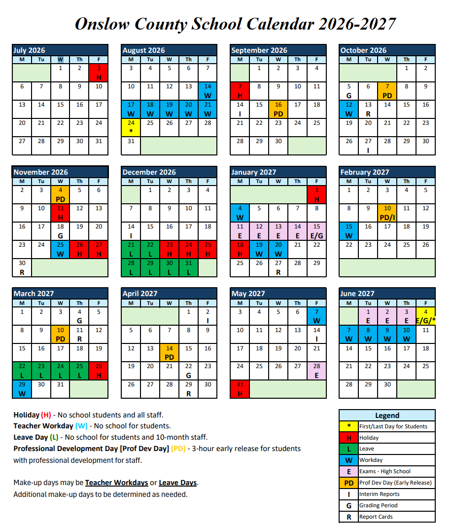 Onslow County School Holiday Calendar 2026-2027
