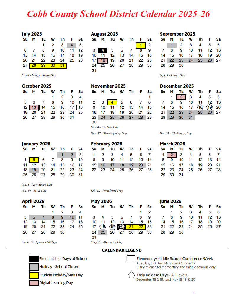 Cobb County School District Calendar 2025-26