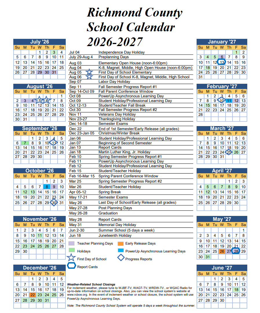Richmond County Public Schools Holiday Calendar 2026-2027