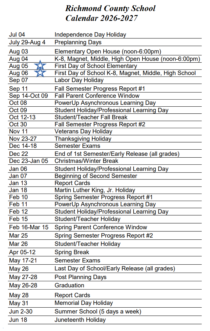 Richmond County School Break Academic Year 2026-2027