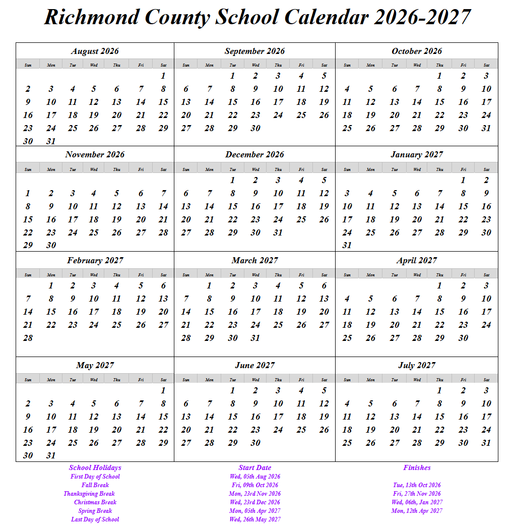 Richmond County School Calendar 2026-2027
