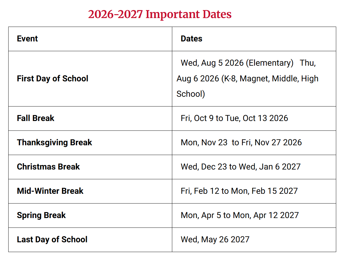 Richmond County School Holidays 2026-2027