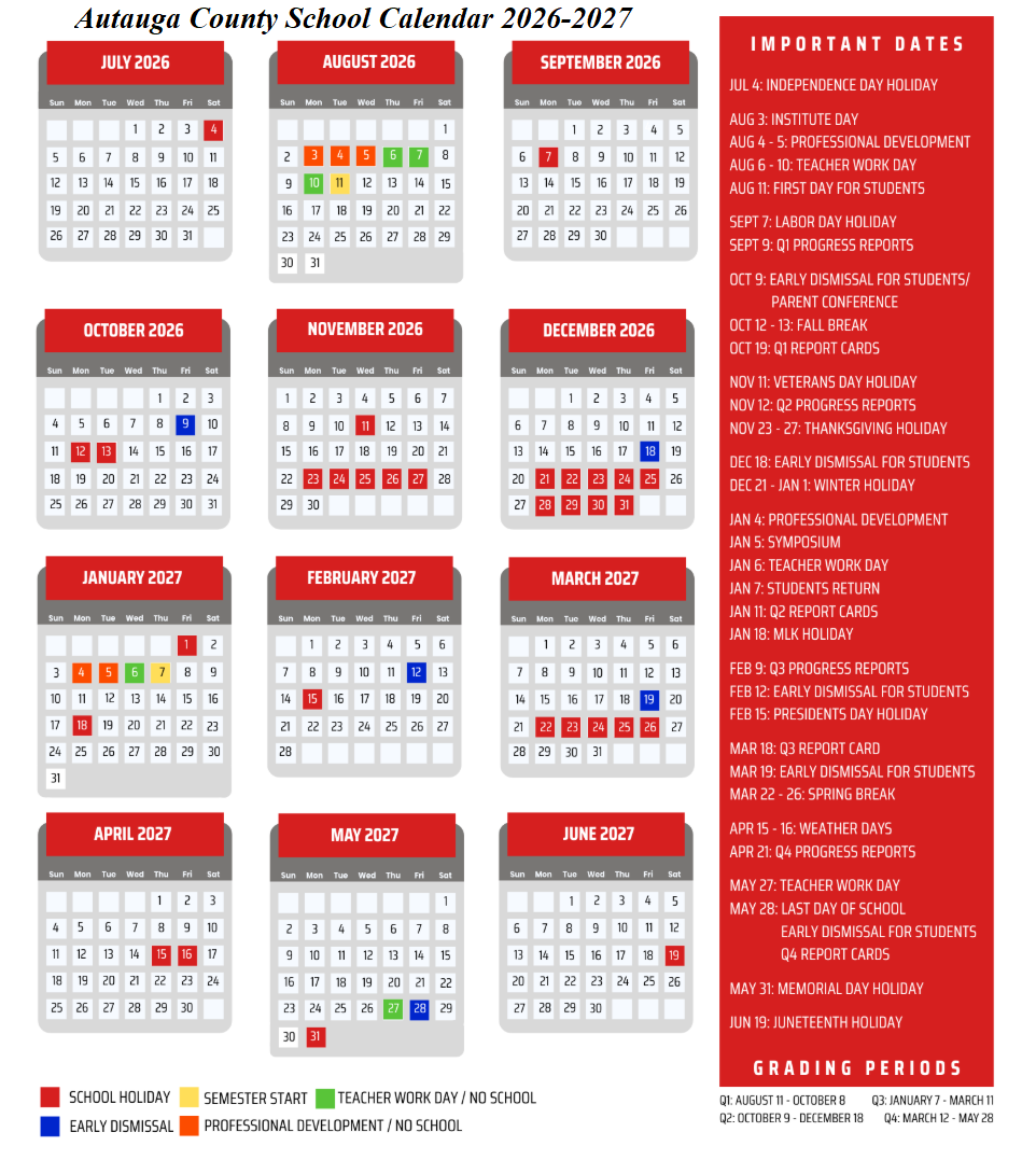 Autauga County School Calendar 2026-2027