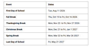 Bentonville Public School Holidays 2026-2027