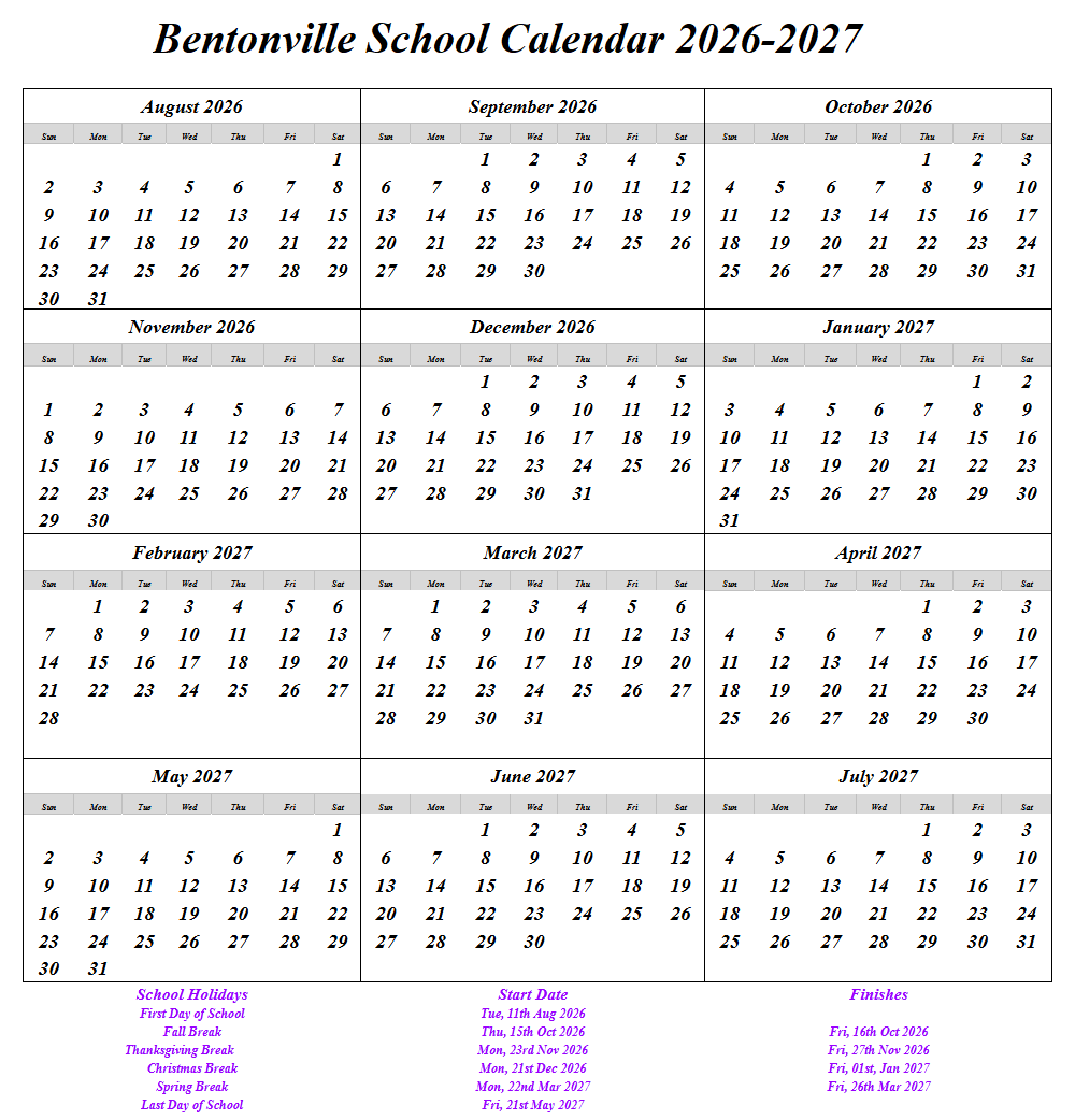 Bentonville School Calendar 2026-2027