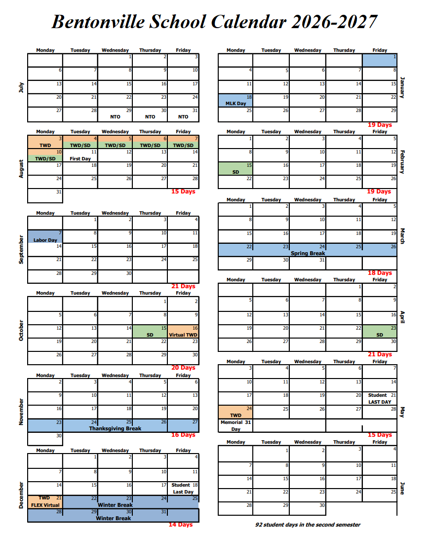 Bentonville School Holiday Calendar 2026-2027