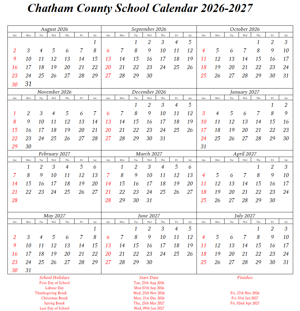Chatham County School Calendar 2026-2027