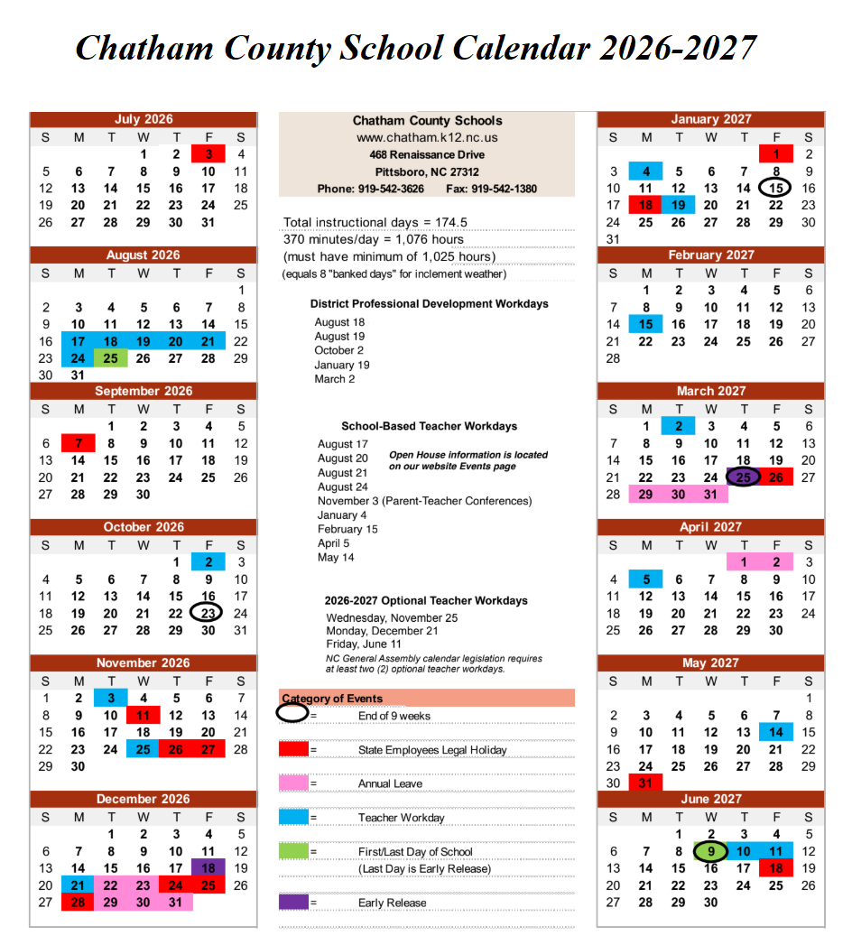 Chatham County School District Holidays 2026-2027 Calendar