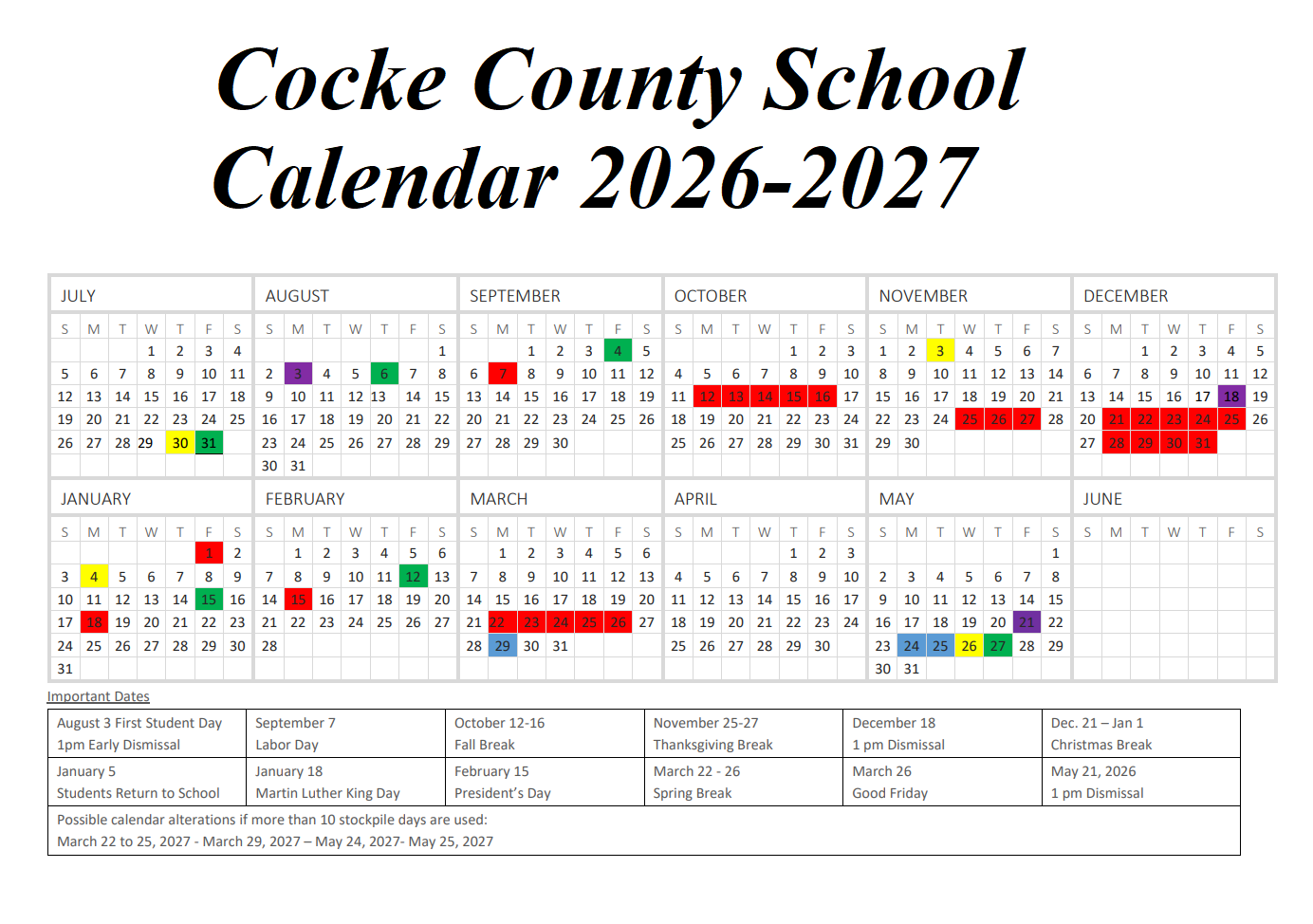 Cocke County School Calendar 2026-2027