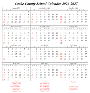Cocke County School District Holiday Calendar 2026-2027