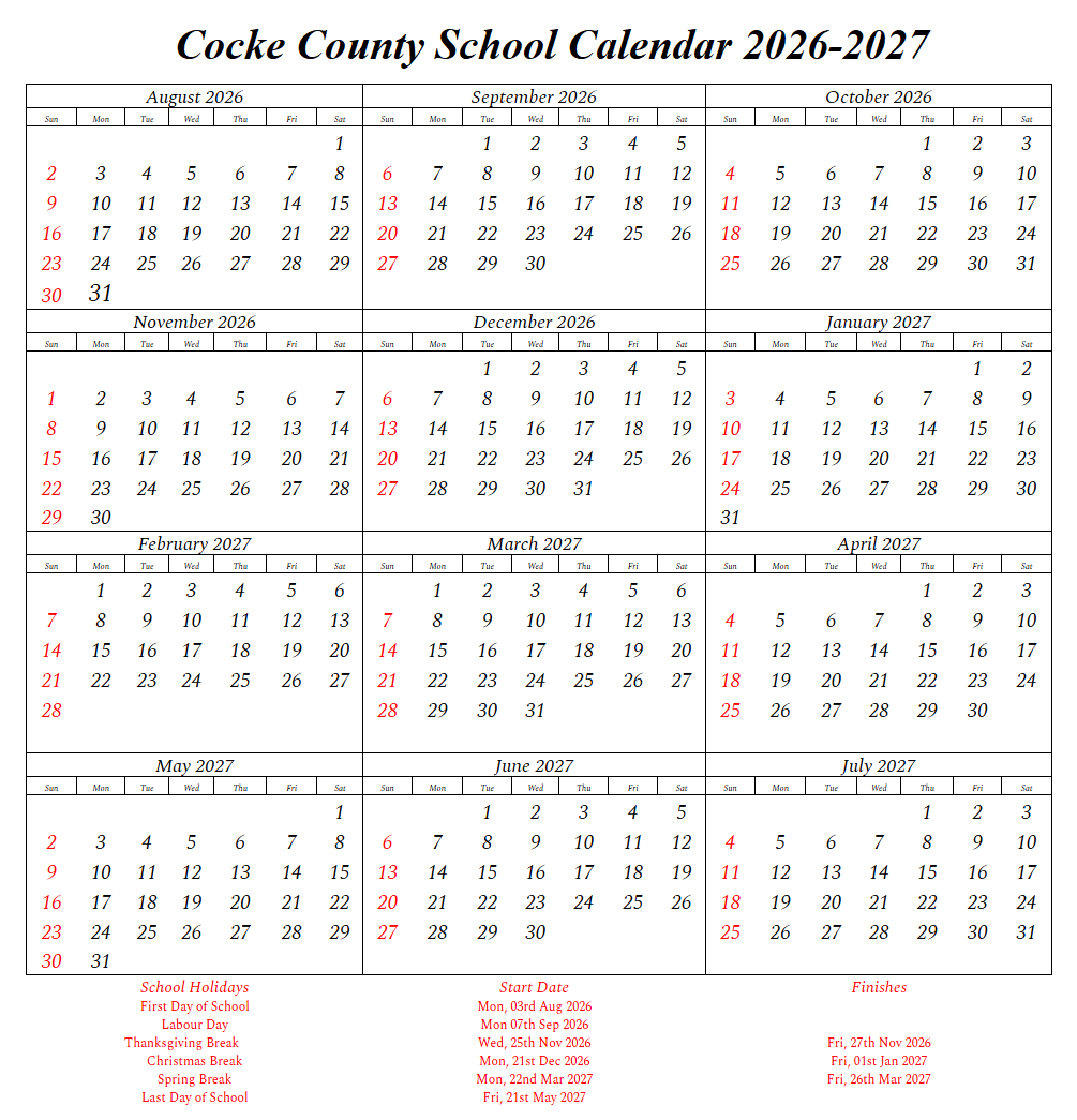 Cocke County School District Holiday Calendar 2026-2027