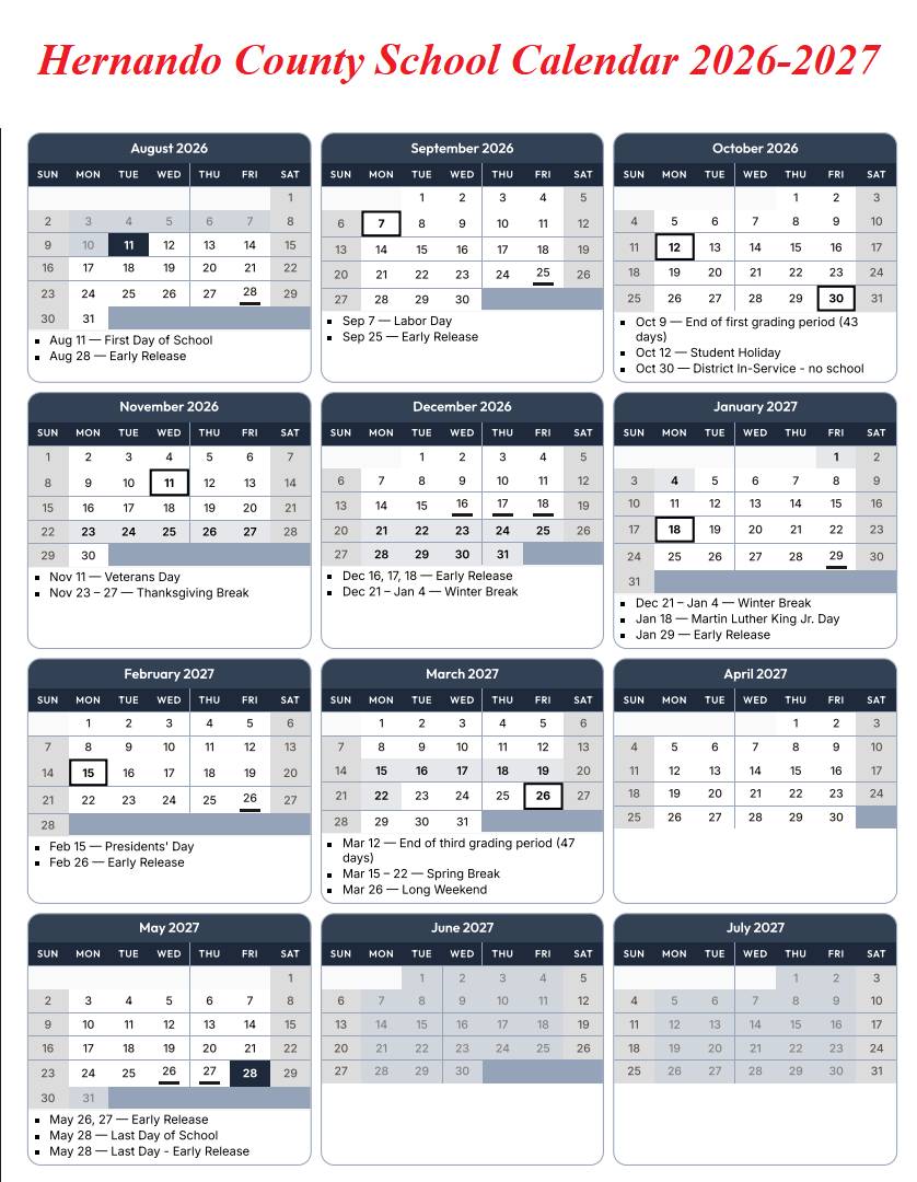 Hernando County School Calendar 2026-2027
