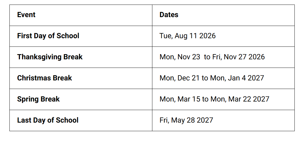 Hernando Schools Holidays Calendar 2026-2027