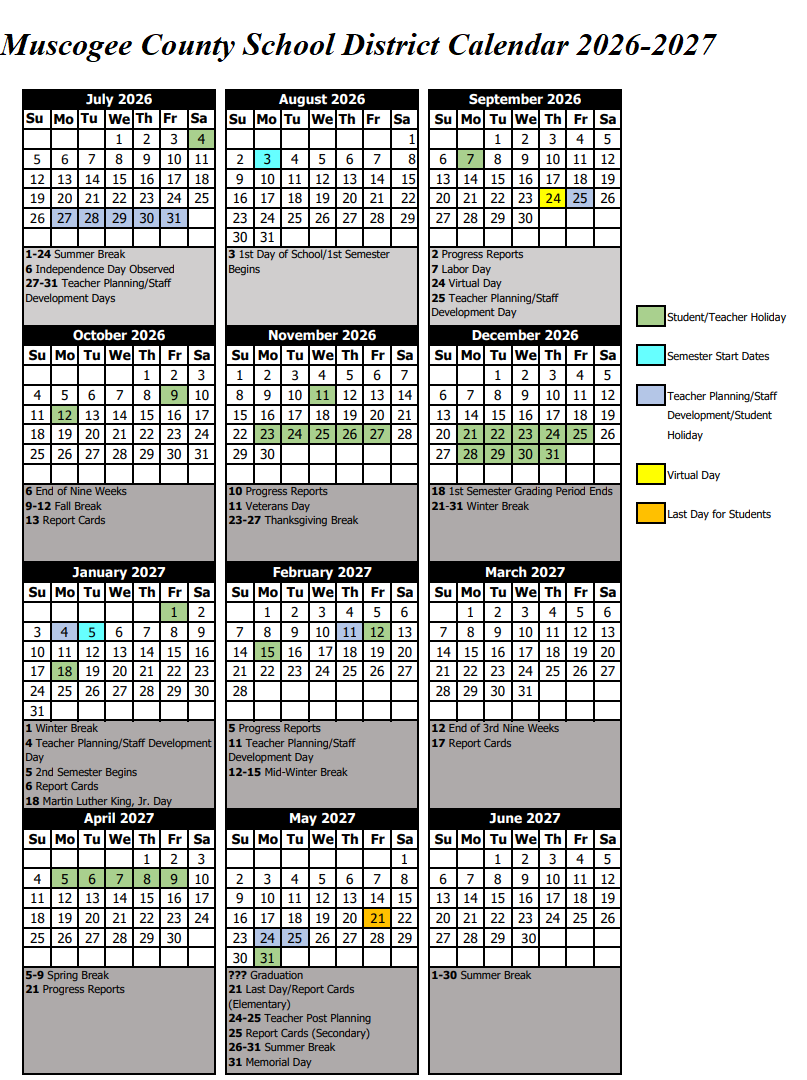 Muscogee County Public School Holidays Calendar 2026-2027
