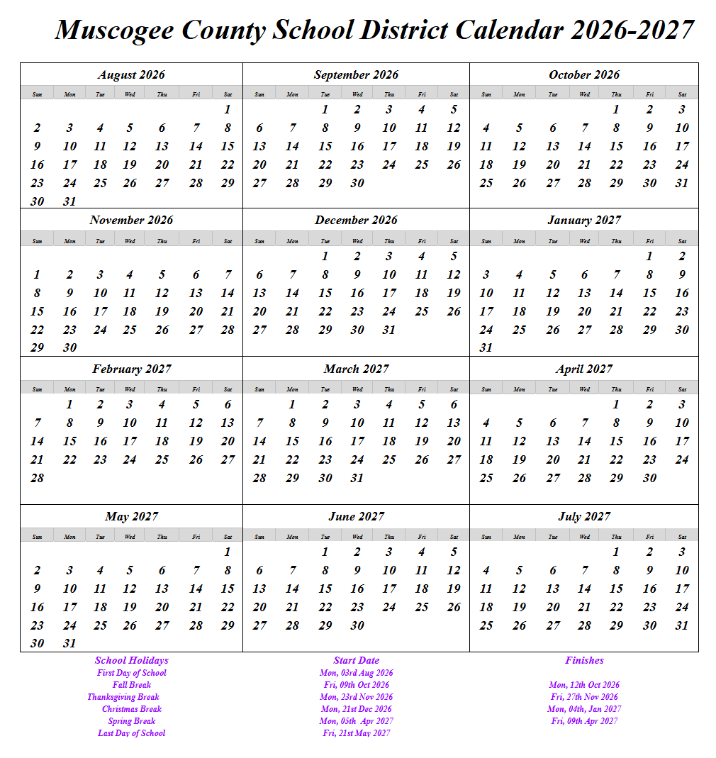 Muscogee County School District Calendar 2026-2027