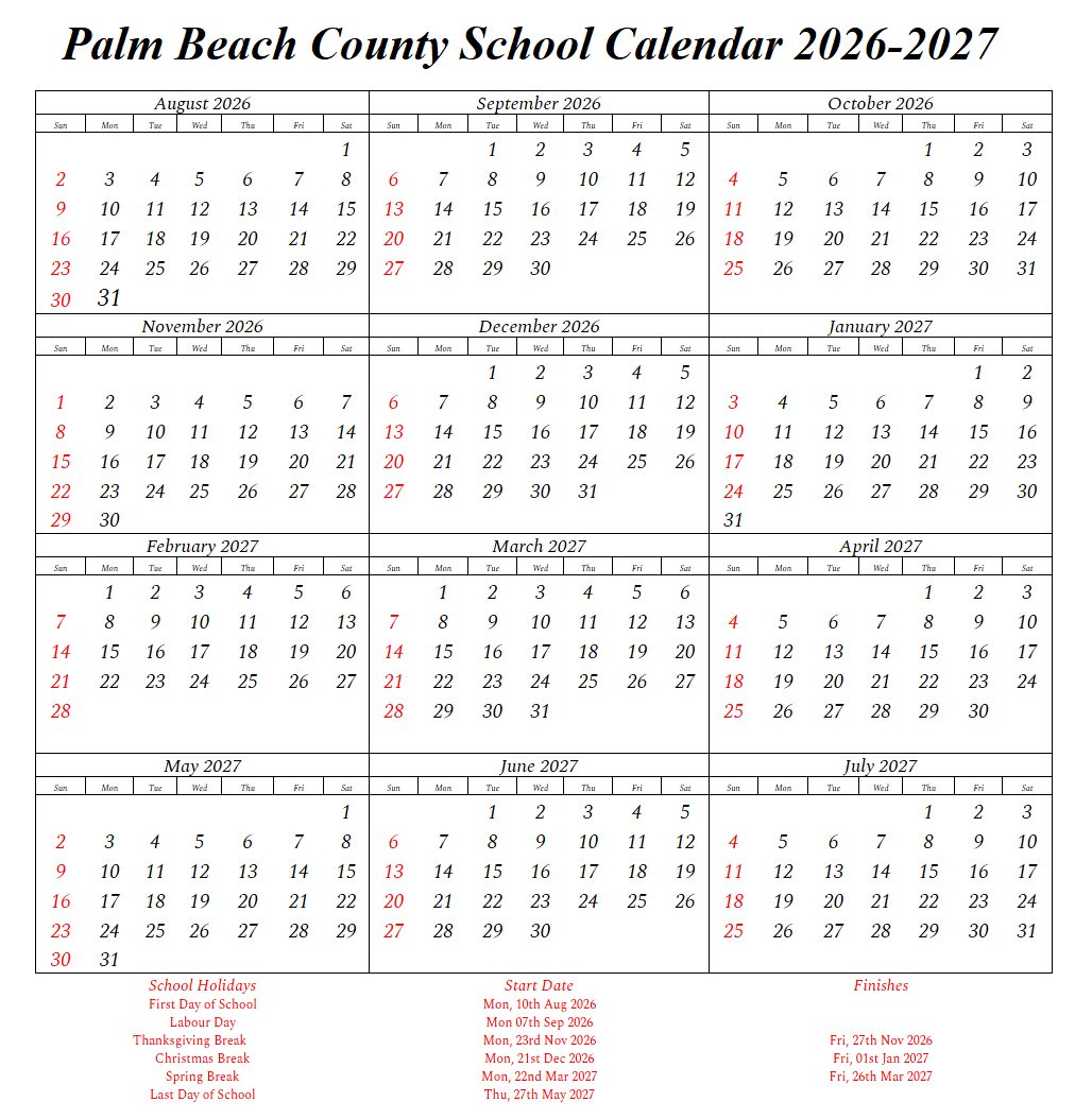 Palm Beach County School Calendar 2026-2027
