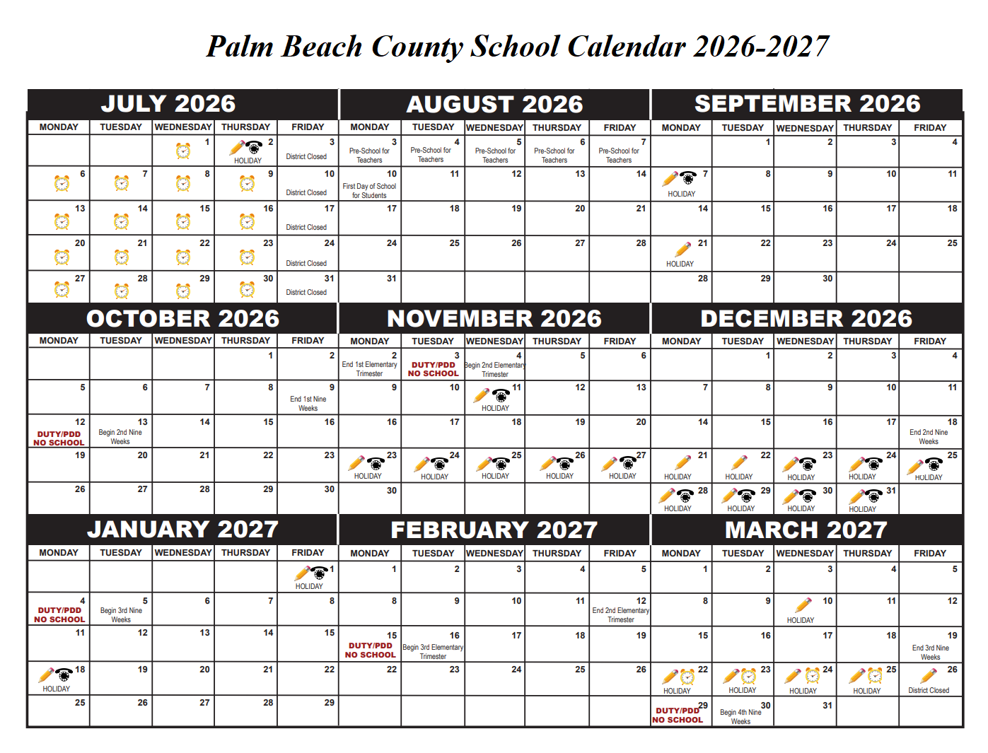Palm Beach County School Calendar 2026-2027