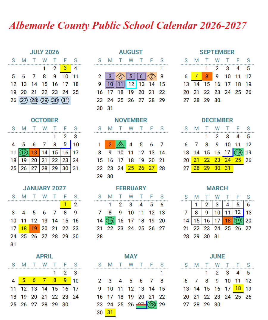 Albemarle County Public School Calendar 2026-2027