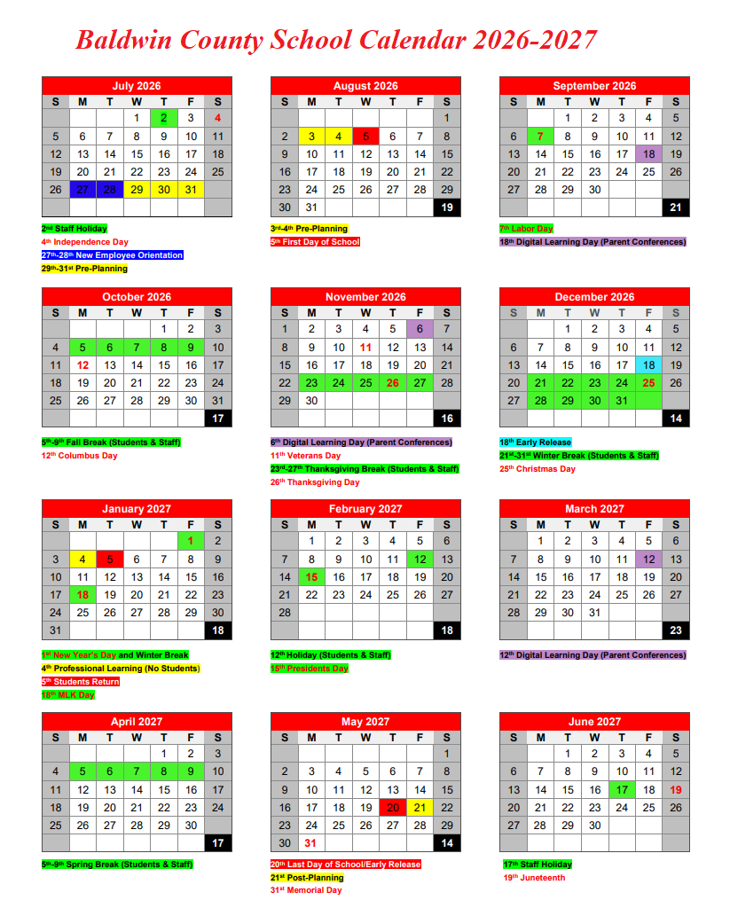 Baldwin County Public School Holiday Calendar 2026-2027
