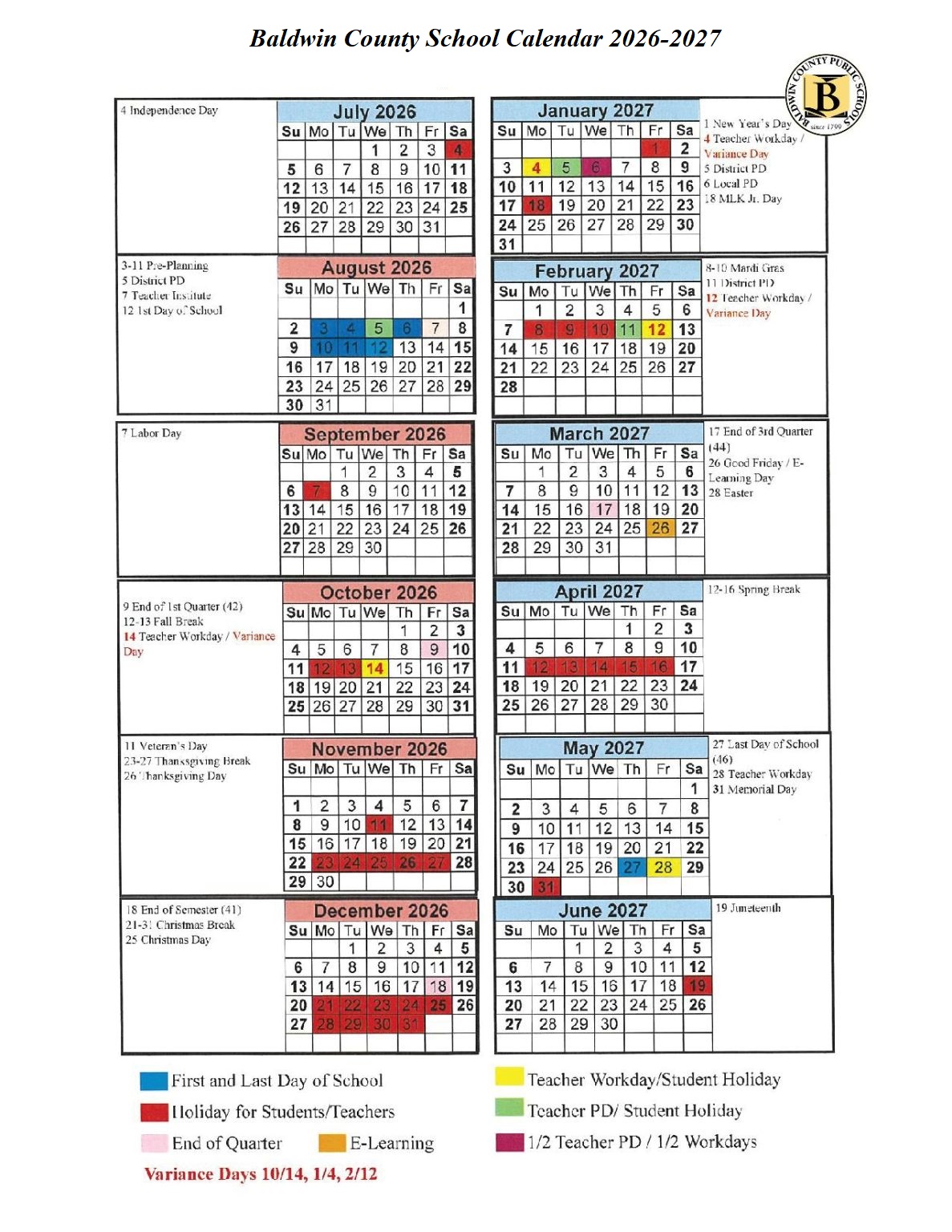 Baldwin County School Calendar 2026-2027
