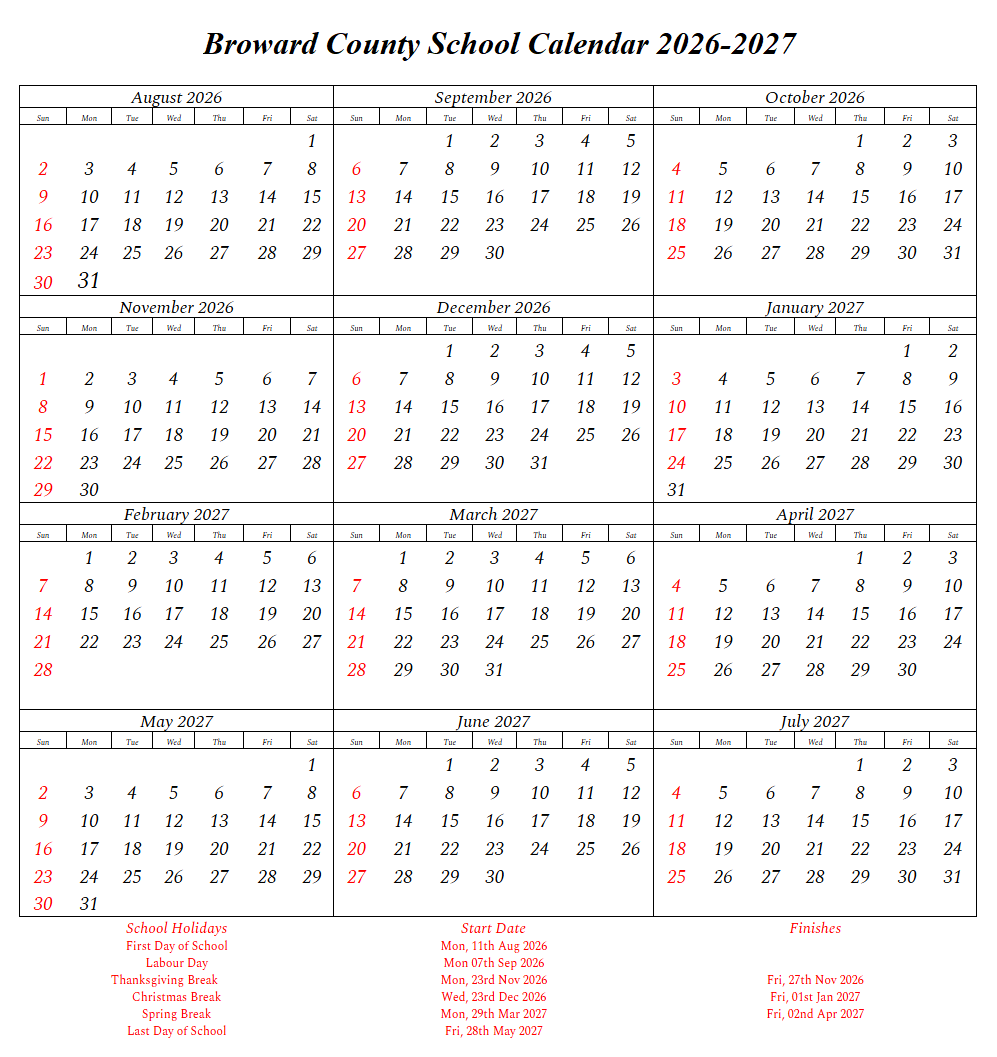 Broward County School Holiday Calendar 2026-2027