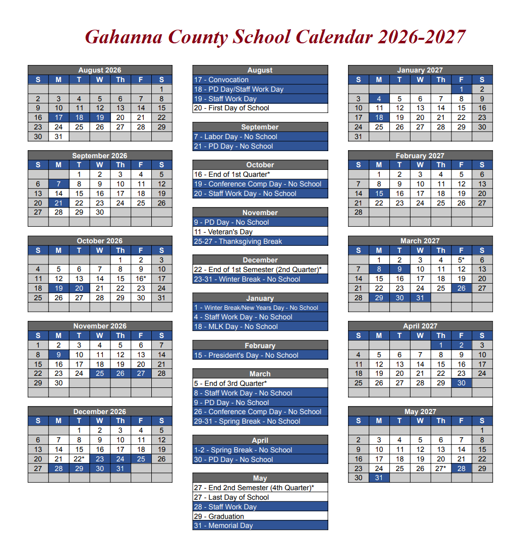 Gahanna County School Holiday Calendar 2026-2027