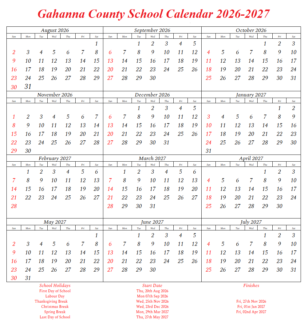 Gahanna County School Calendar 2026-2027