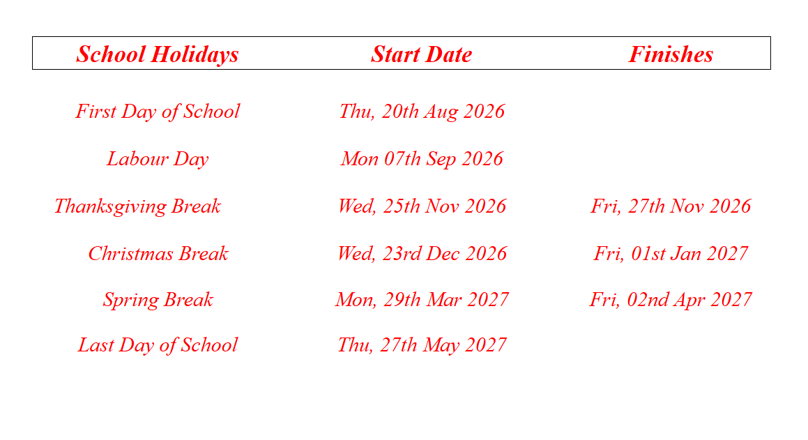 Gahanna County School Holidays 2026-2027