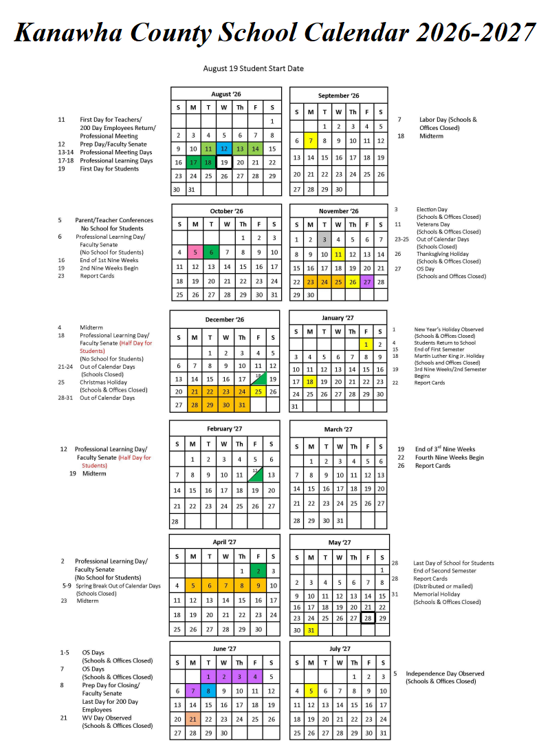 Kanawha County Public School Holiday Calendar 2026-2027