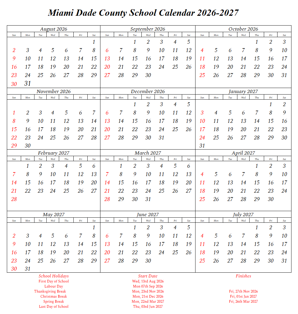 Miami Dade County School Holiday Calendar 2026-2027