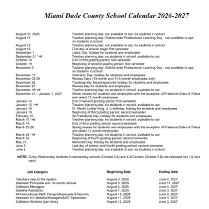 Miami Dade County School Holidays 2026-2027