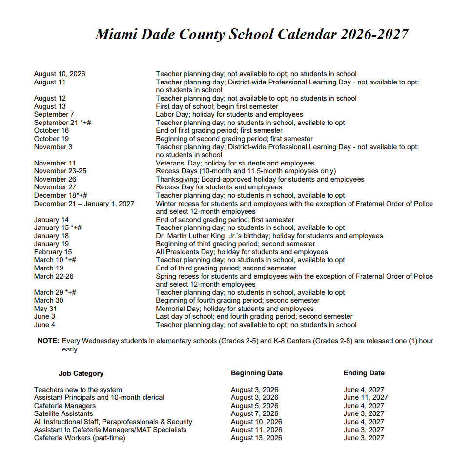 Miami Dade County School Holidays 2026-2027
