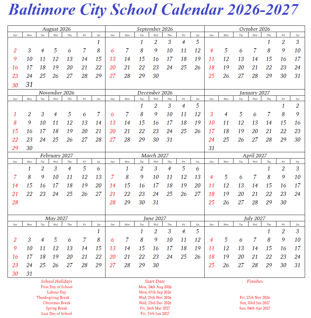 Baltimore City Public School Calendar 2026-2027