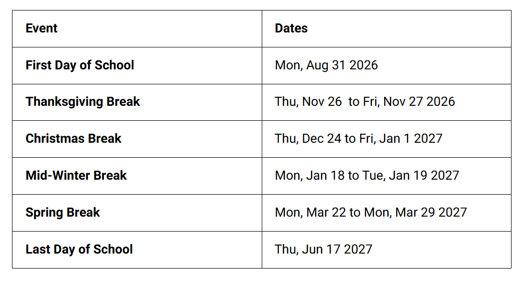 Baltimore City Public School Holidays 2026-2027