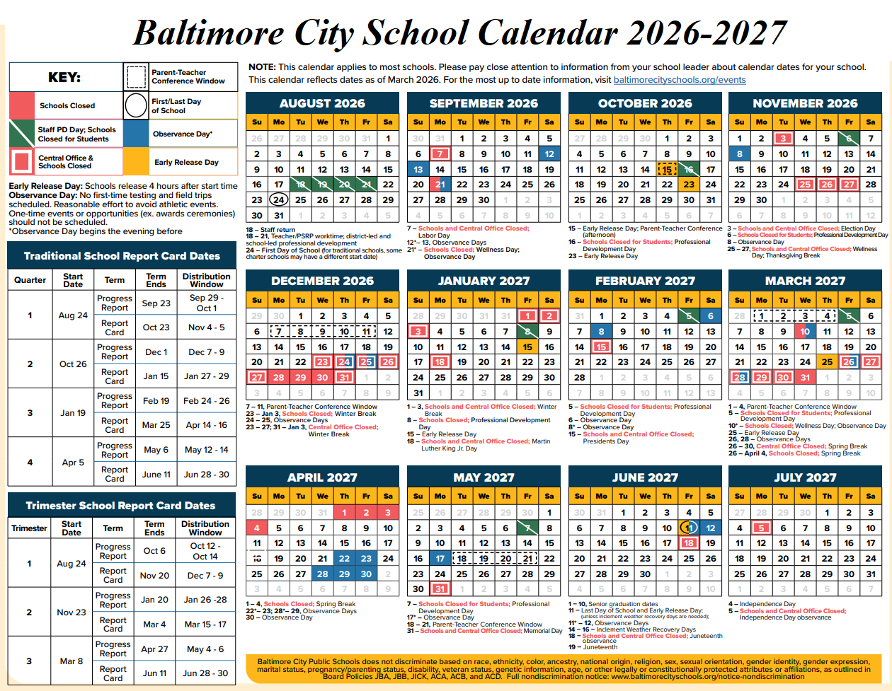 Baltimore City School Calendar 2026-2027