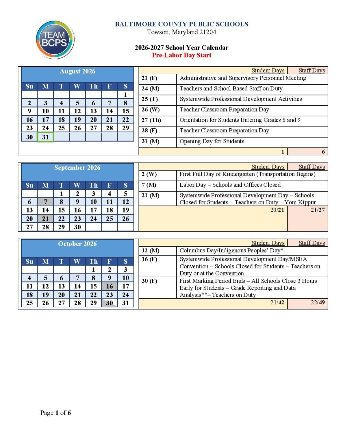 Baltimore City School Holiday Calendar 2026-27