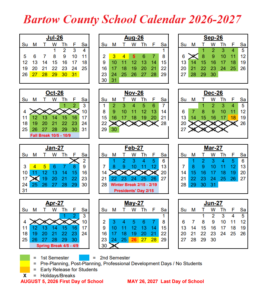 Bartow County School Calendar 2026-2027