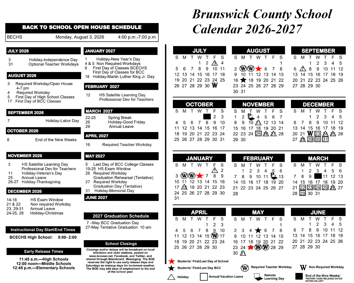 Brunswick County School Calendar 2026-2027