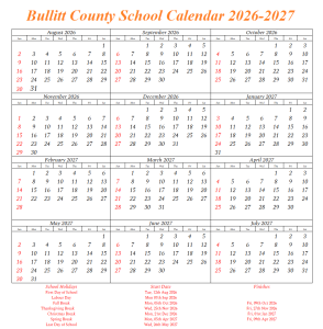 Bullitt County School Holiday Calendar 2026-2027