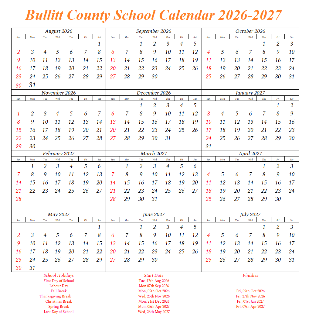 Bullitt County School Holiday Calendar 2026-2027