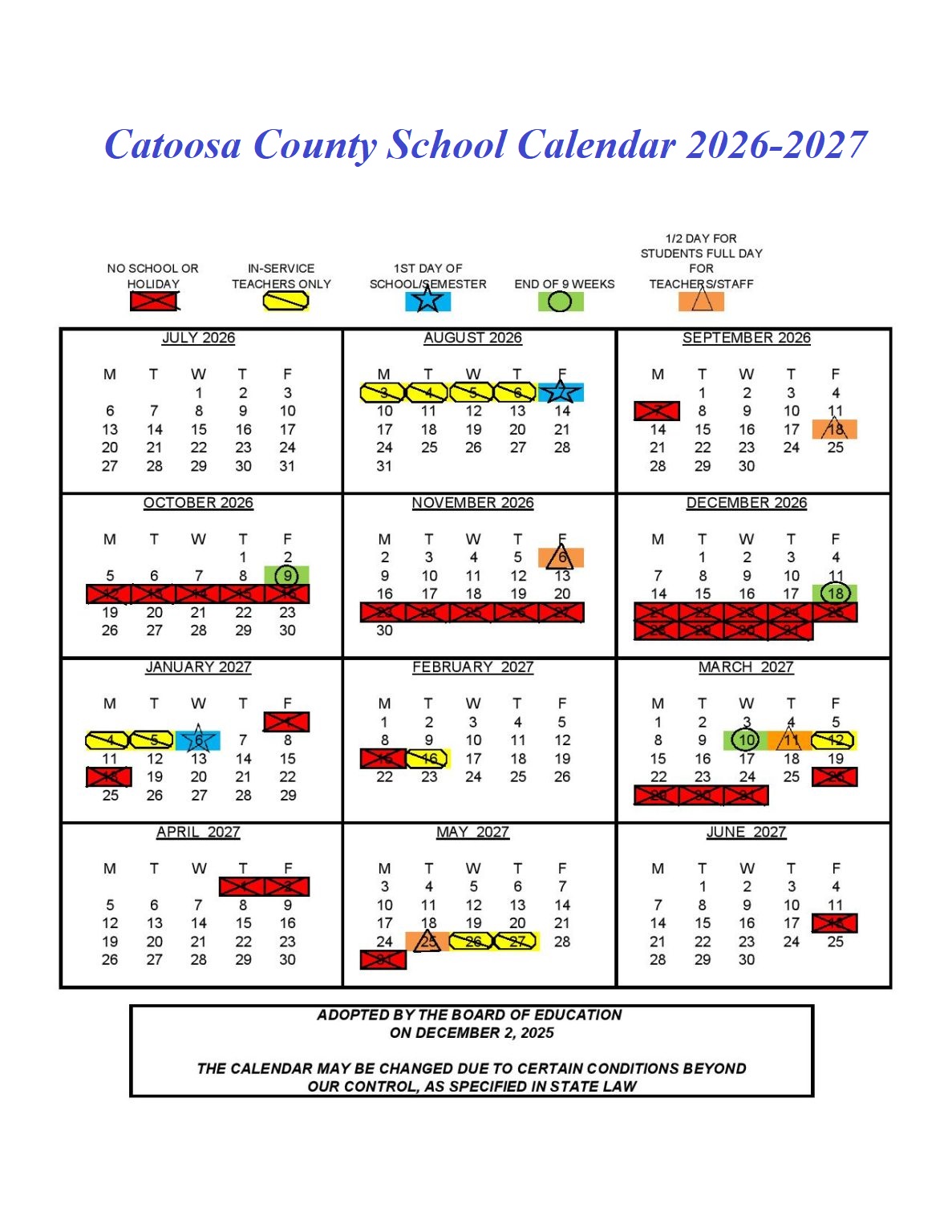 Catoosa County School Calendar 2026-2027