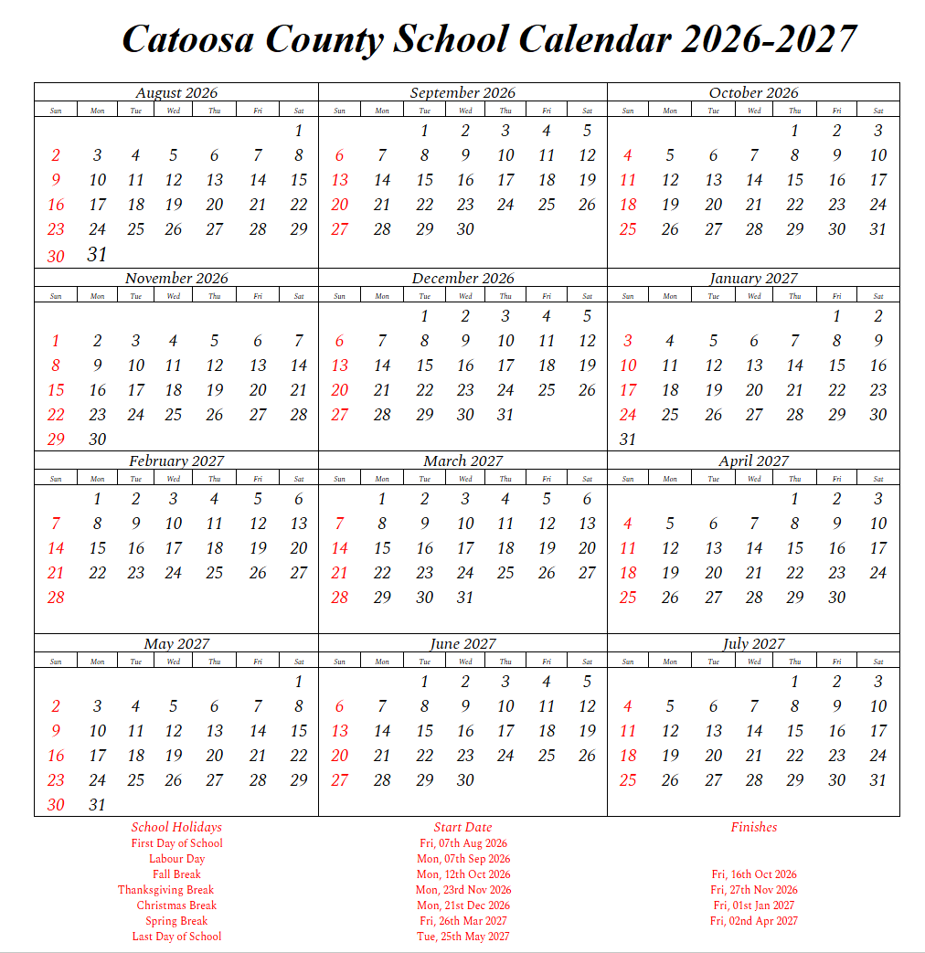 Catoosa County School Holidays 2026-2027