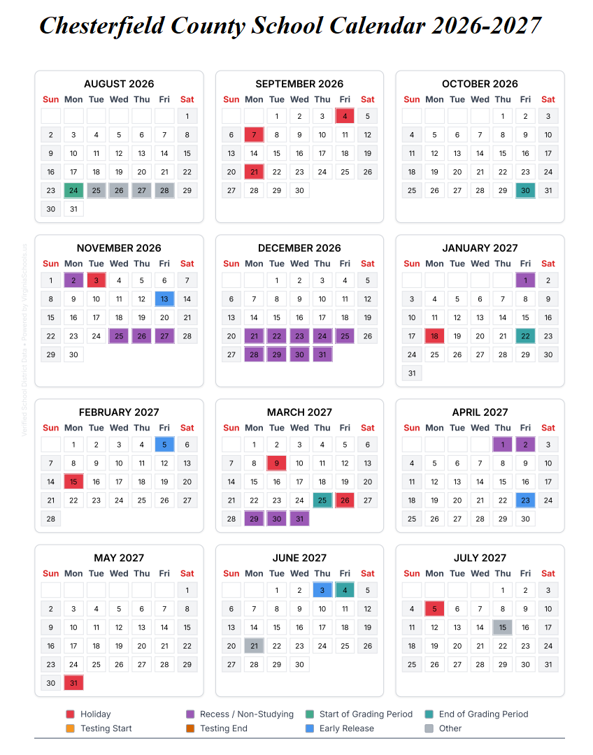 Chesterfield County School Calendar 2026-2027