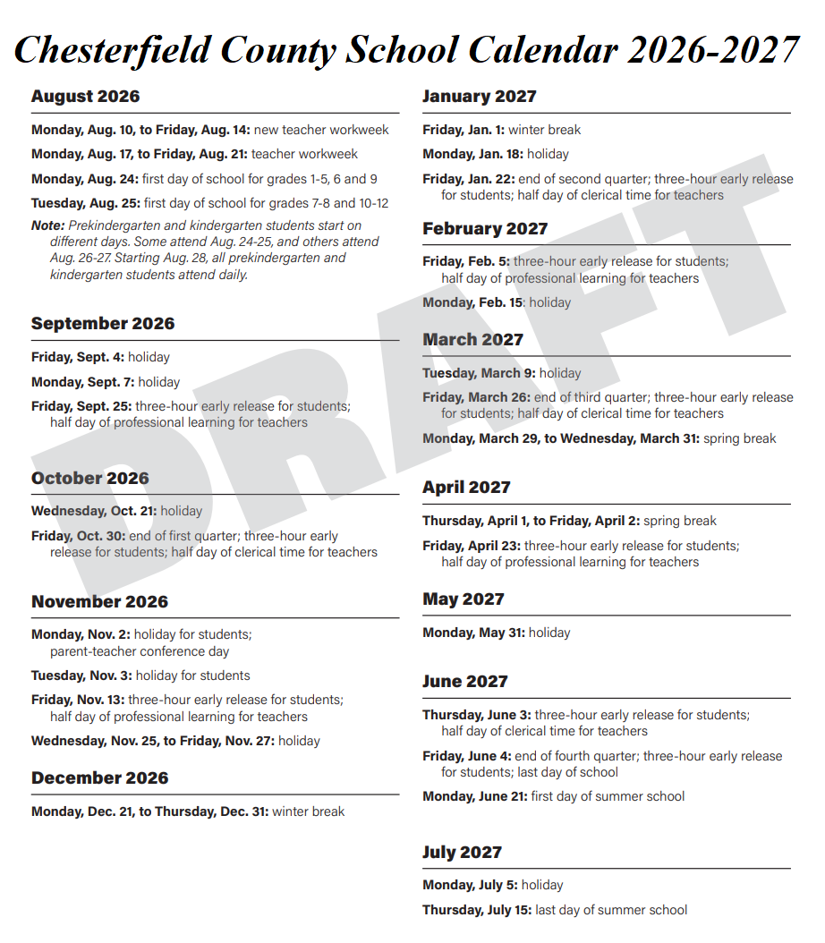 Chesterfield County School District Holidays 2026-2027