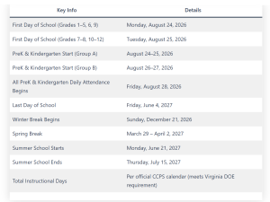 Chesterfield County School Holiday Calendar 2026-2027