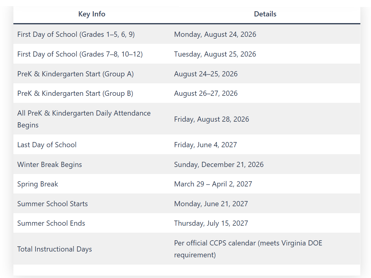 Chesterfield County School Holiday Calendar 2026-2027