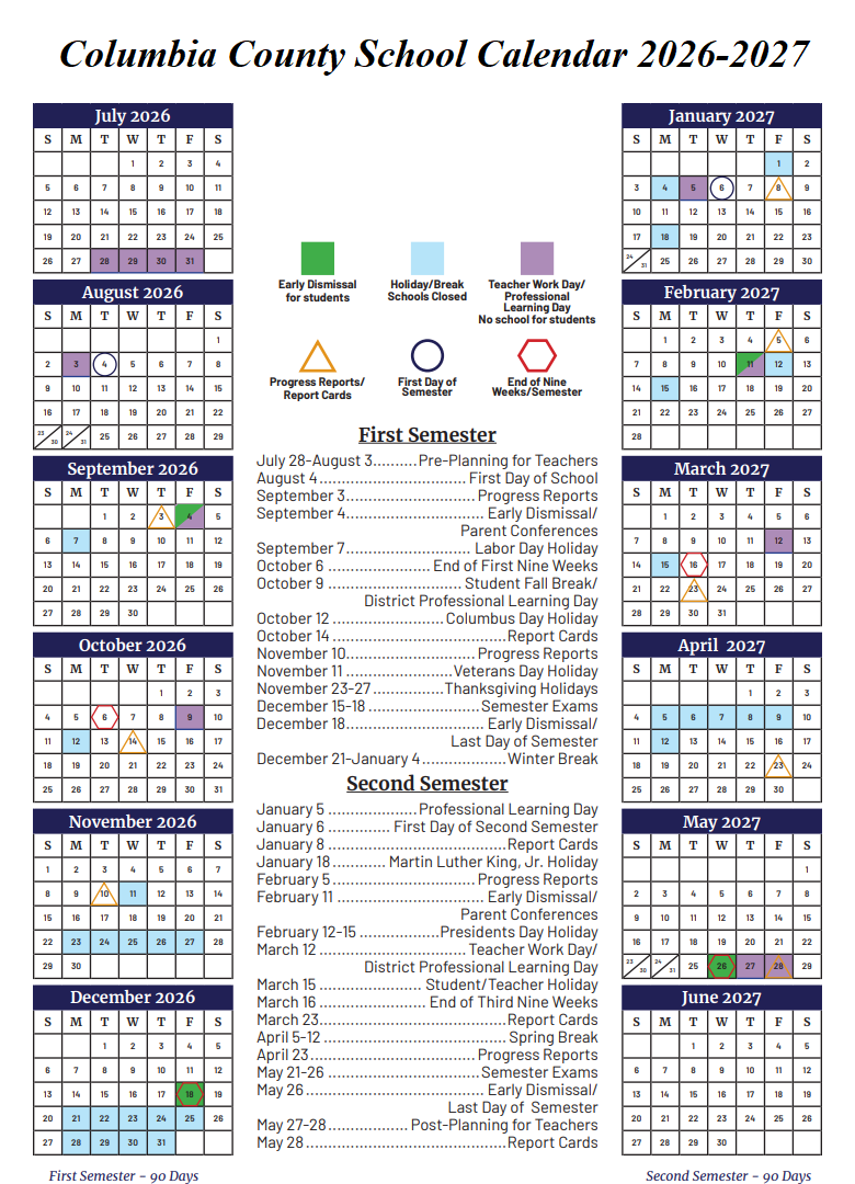 Columbia County School Calendar 2026-2027