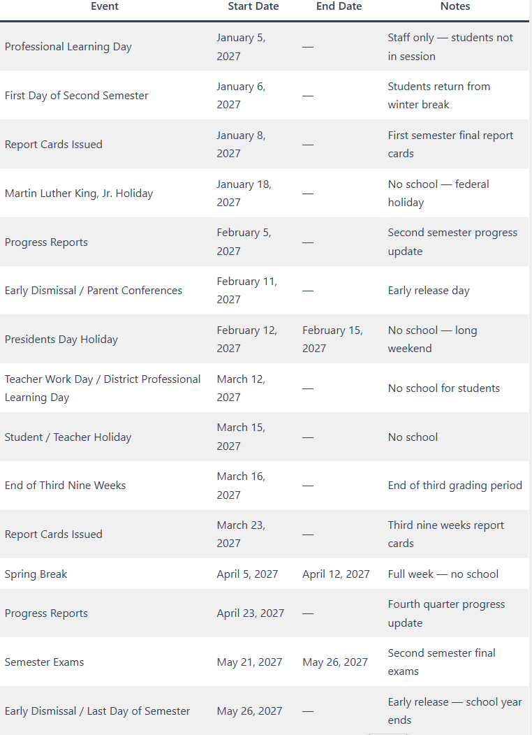 Columbia County School Holiday Calendar 2026-2027